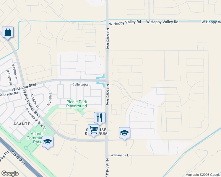 map of restaurants, bars, coffee shops, grocery stores, and more near 24435 North 163rd Avenue in Surprise