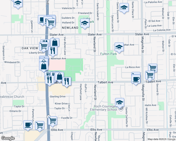map of restaurants, bars, coffee shops, grocery stores, and more near 17842 Beard Lane in Huntington Beach