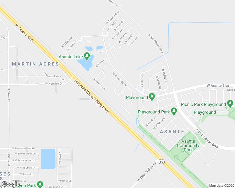 map of restaurants, bars, coffee shops, grocery stores, and more near 16454 West Calle Lejos in Surprise