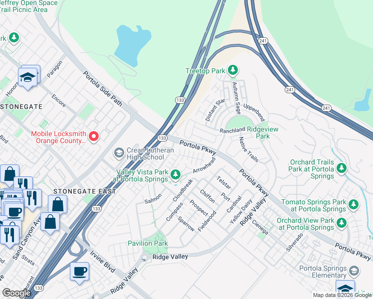 map of restaurants, bars, coffee shops, grocery stores, and more near 22 Seedling in Irvine