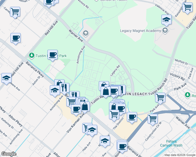 map of restaurants, bars, coffee shops, grocery stores, and more near Tustin Ranch in Irvine