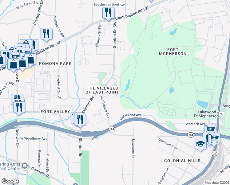 map of restaurants, bars, coffee shops, grocery stores, and more near 74 Gordon Plaza Southwest in Atlanta