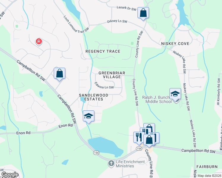 map of restaurants, bars, coffee shops, grocery stores, and more near 4667 Edwina Lane Southwest in Atlanta