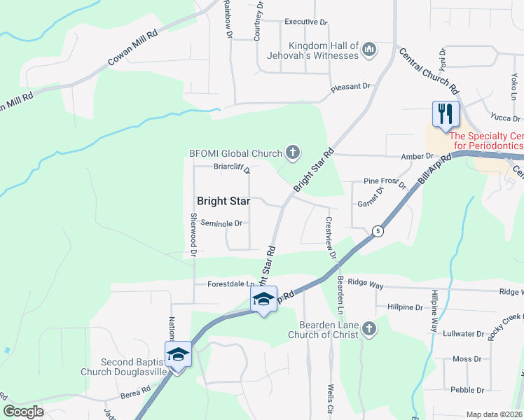 map of restaurants, bars, coffee shops, grocery stores, and more near 6537 Biscayne Way in Douglasville
