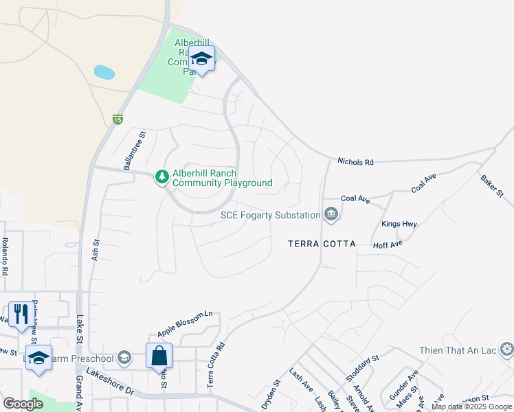 map of restaurants, bars, coffee shops, grocery stores, and more near 4142 Merrifield Street in Lake Elsinore