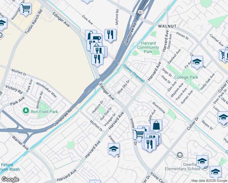 map of restaurants, bars, coffee shops, grocery stores, and more near 10 Flyers Lane in Tustin