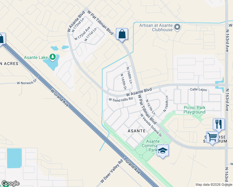 map of restaurants, bars, coffee shops, grocery stores, and more near 24152 North 170th Avenue in Surprise