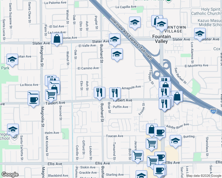 map of restaurants, bars, coffee shops, grocery stores, and more near 9560 La Amapola Avenue in Fountain Valley