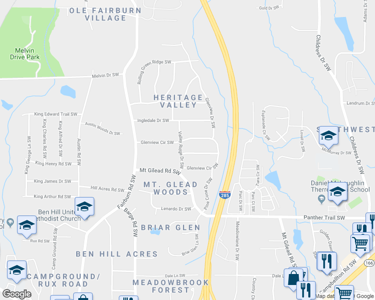 map of restaurants, bars, coffee shops, grocery stores, and more near 3467 Valley Ridge Terrace Southwest in Atlanta