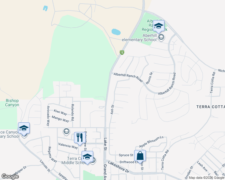 map of restaurants, bars, coffee shops, grocery stores, and more near 3350 Fir Circle in Lake Elsinore