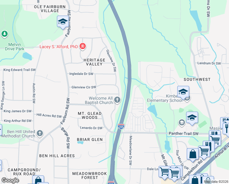 map of restaurants, bars, coffee shops, grocery stores, and more near 3390 Glenview Circle Southwest in Atlanta