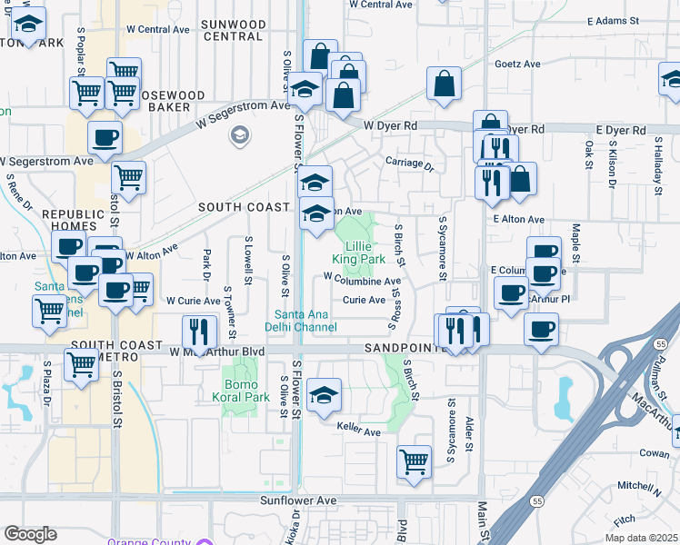 map of restaurants, bars, coffee shops, grocery stores, and more near 601 West Columbine Avenue in Santa Ana