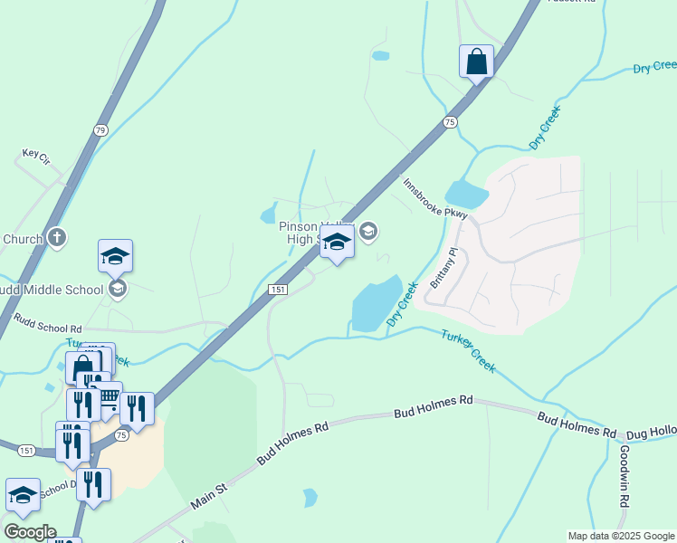 map of restaurants, bars, coffee shops, grocery stores, and more near 6895 Alabama 75 in Pinson
