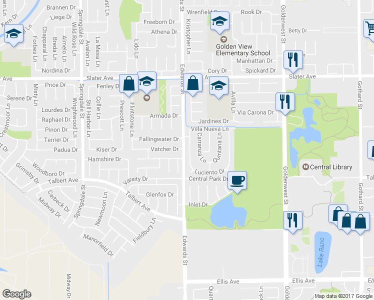 map of restaurants, bars, coffee shops, grocery stores, and more near 17841 Altamirano Lane in Huntington Beach