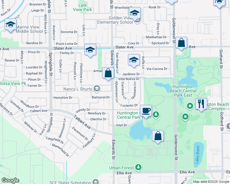 map of restaurants, bars, coffee shops, grocery stores, and more near 17841 Altamirano Lane in Huntington Beach