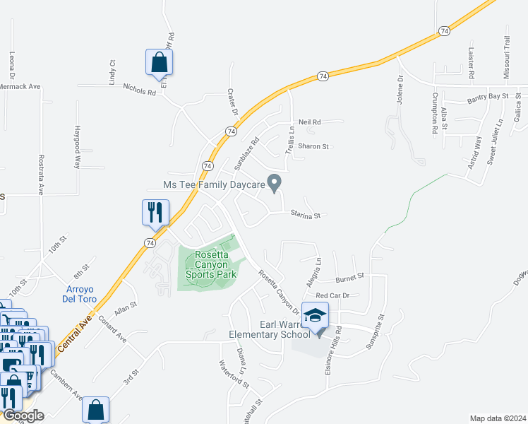 map of restaurants, bars, coffee shops, grocery stores, and more near 45024 Bronze Star Road in Lake Elsinore