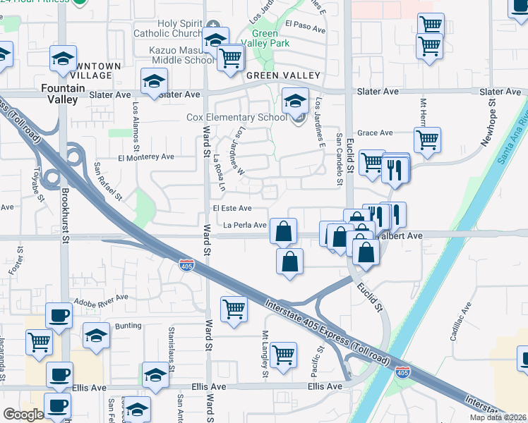 map of restaurants, bars, coffee shops, grocery stores, and more near 17915 Los Vasos Street in Fountain Valley