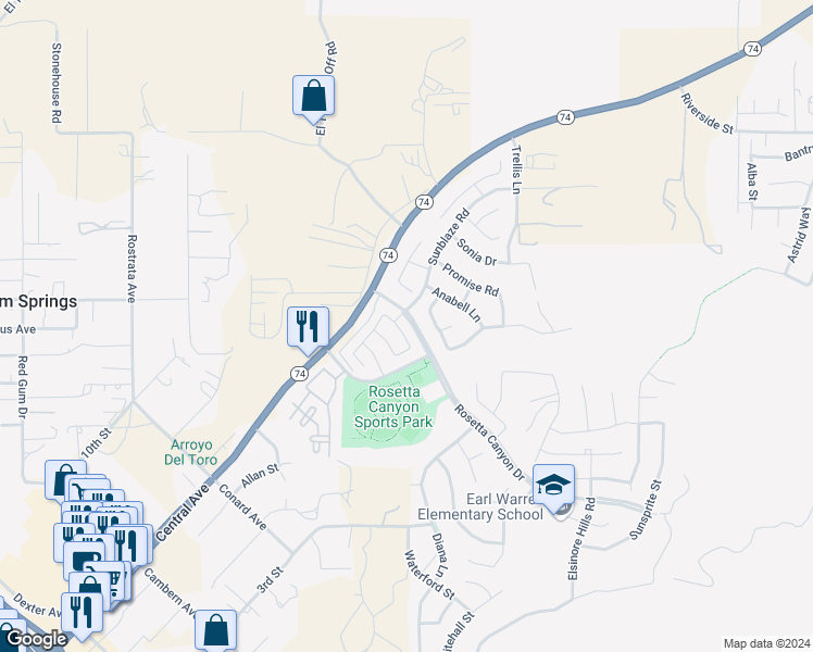 map of restaurants, bars, coffee shops, grocery stores, and more near 39770 Strada Firenze in Lake Elsinore