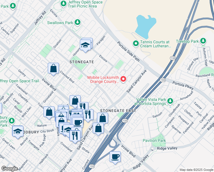 map of restaurants, bars, coffee shops, grocery stores, and more near 85 Sedgewick in Irvine