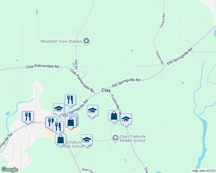 map of restaurants, bars, coffee shops, grocery stores, and more near 6818 Old Springville Road in Dixiana