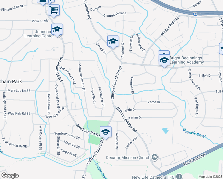map of restaurants, bars, coffee shops, grocery stores, and more near 2053 Shoals Way in Decatur