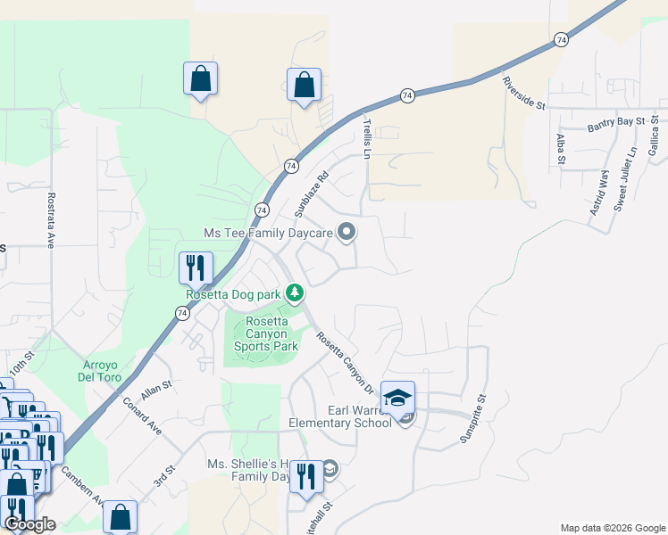 map of restaurants, bars, coffee shops, grocery stores, and more near 45024 Bronze Star Road in Lake Elsinore