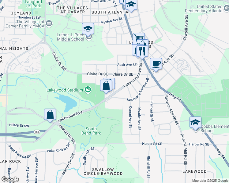 map of restaurants, bars, coffee shops, grocery stores, and more near 1907 Lakewood Avenue Southeast in Atlanta