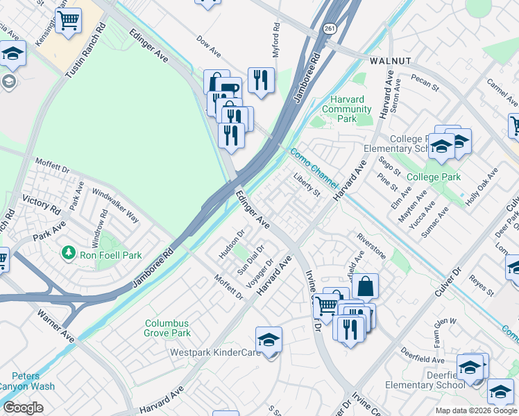 map of restaurants, bars, coffee shops, grocery stores, and more near 15 Flyers Lane in Tustin