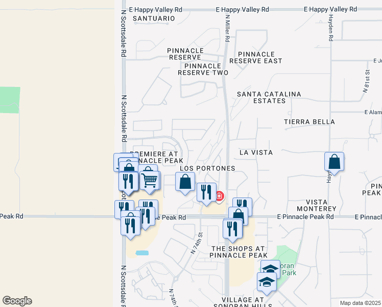 map of restaurants, bars, coffee shops, grocery stores, and more near 23979 North 74th Place in Scottsdale