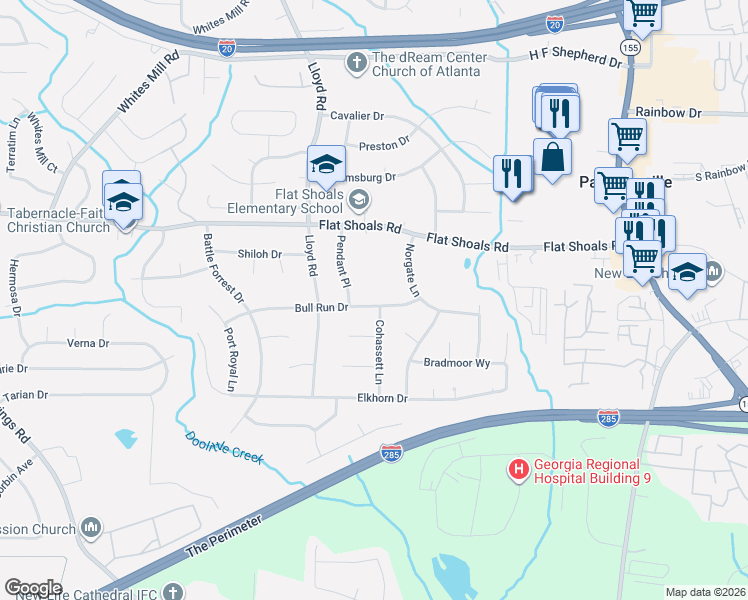 map of restaurants, bars, coffee shops, grocery stores, and more near 2632 Bull Run Drive in Decatur
