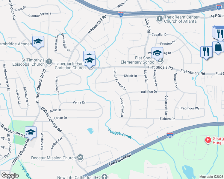 map of restaurants, bars, coffee shops, grocery stores, and more near 2835 Battle Forrest Drive in Decatur