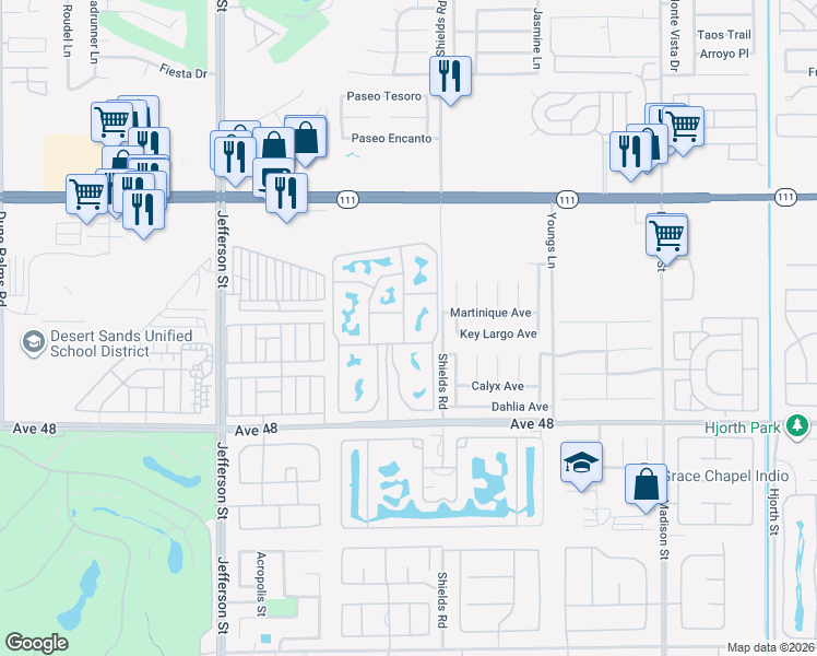map of restaurants, bars, coffee shops, grocery stores, and more near 80394 Avenue 48 in Indio