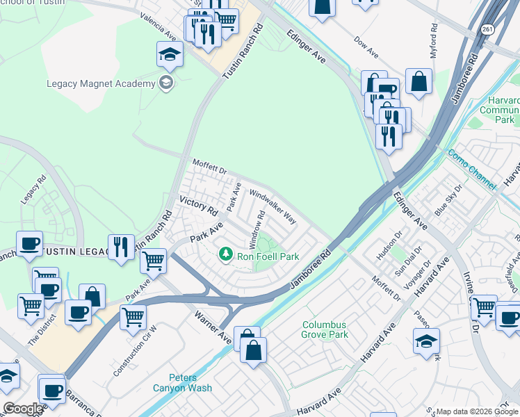 map of restaurants, bars, coffee shops, grocery stores, and more near 18 Windrow Road in Tustin