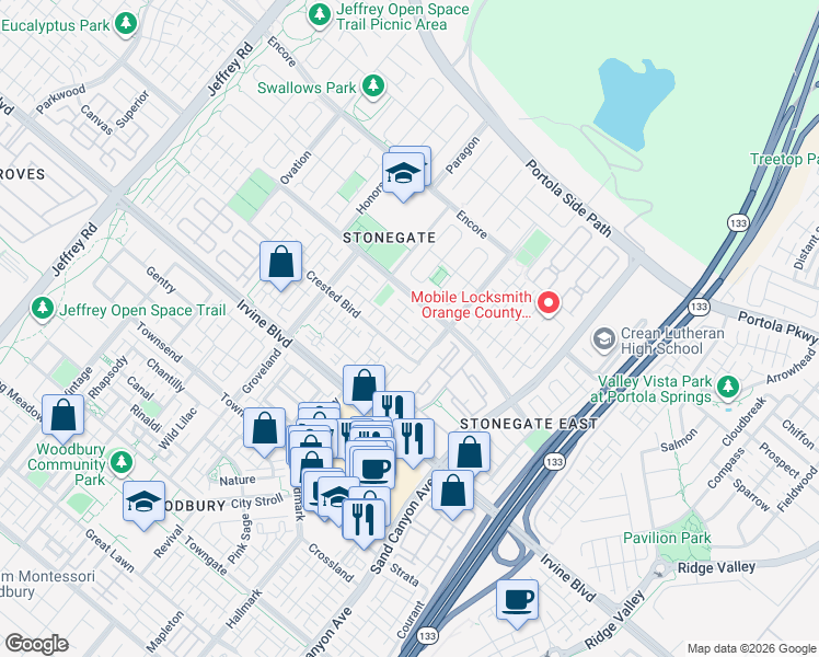 map of restaurants, bars, coffee shops, grocery stores, and more near 24 Oakfield in Irvine