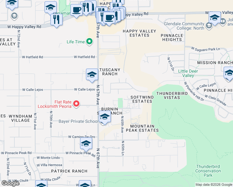 map of restaurants, bars, coffee shops, grocery stores, and more near 6515 West Misty Willow Lane in Glendale