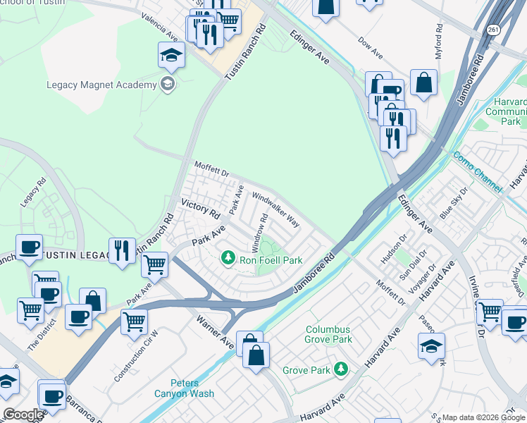 map of restaurants, bars, coffee shops, grocery stores, and more near 9 Meadow Place in Tustin