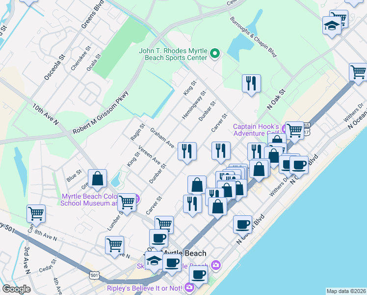 map of restaurants, bars, coffee shops, grocery stores, and more near 1305 Dunbar Street in Myrtle Beach