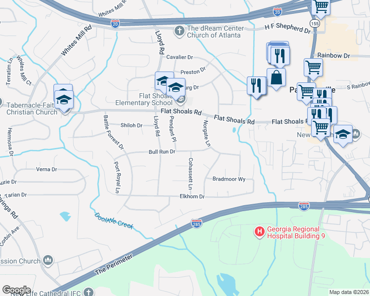 map of restaurants, bars, coffee shops, grocery stores, and more near 2602 Bull Run Drive in Decatur