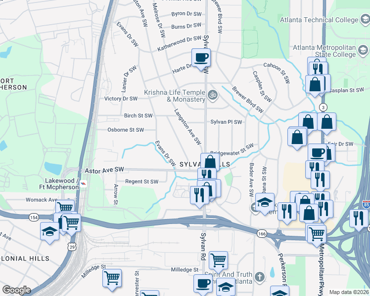 map of restaurants, bars, coffee shops, grocery stores, and more near 1898 Sylvan Ridge Drive Southwest in Atlanta