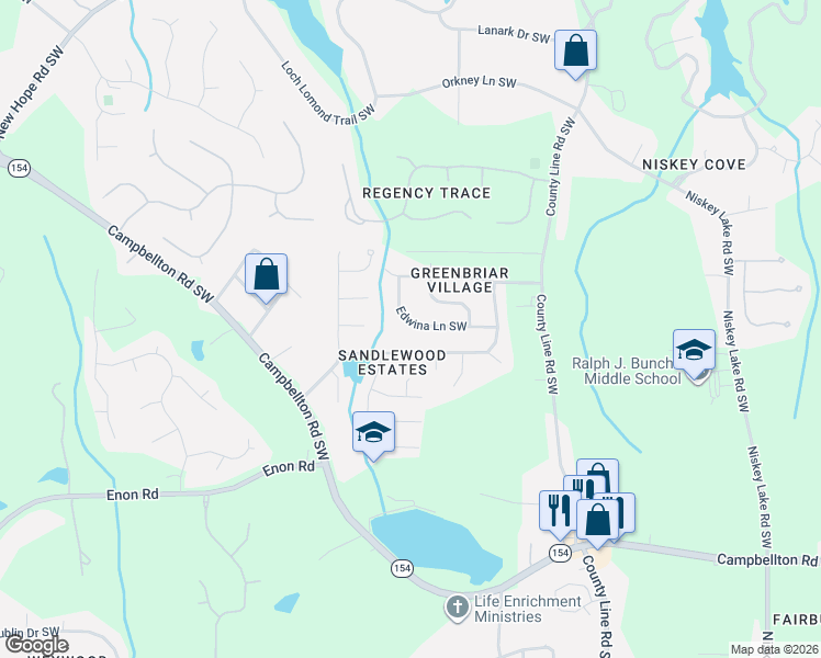 map of restaurants, bars, coffee shops, grocery stores, and more near 4715 Edwina Lane Southwest in Atlanta