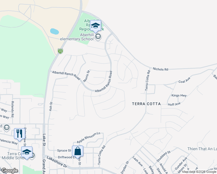 map of restaurants, bars, coffee shops, grocery stores, and more near 4266 Gina Lynne Lane in Lake Elsinore