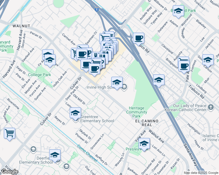 map of restaurants, bars, coffee shops, grocery stores, and more near 1 Buckeye in Irvine