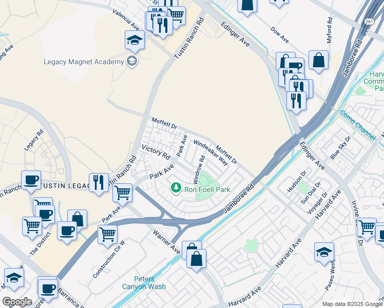 map of restaurants, bars, coffee shops, grocery stores, and more near 18 Meadow Place in Irvine