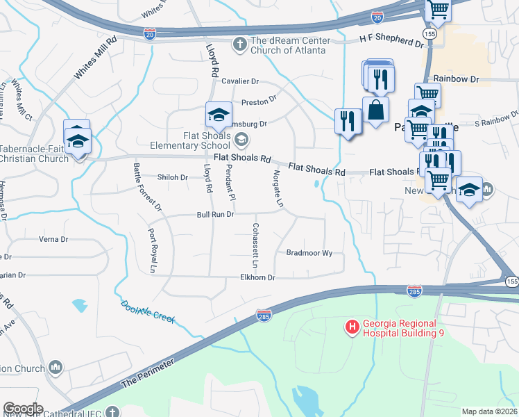map of restaurants, bars, coffee shops, grocery stores, and more near 2632 Bull Run Drive in Decatur
