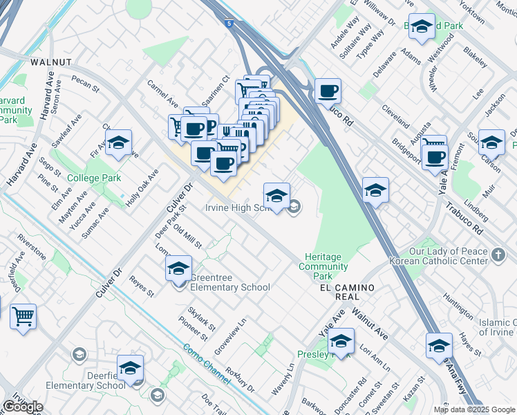 map of restaurants, bars, coffee shops, grocery stores, and more near 1 Buckeye in Irvine