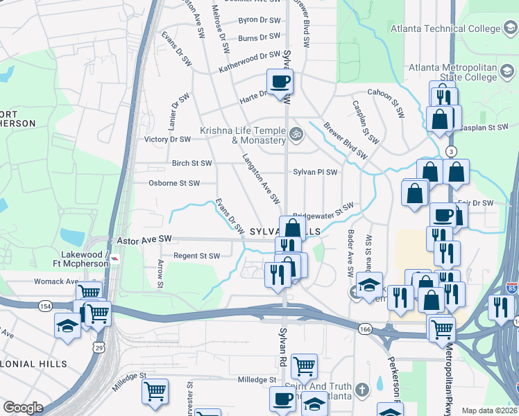 map of restaurants, bars, coffee shops, grocery stores, and more near 1898 Sylvan Ridge Drive Southwest in Atlanta
