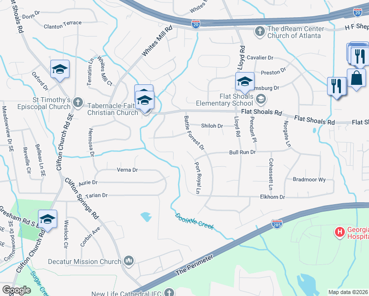map of restaurants, bars, coffee shops, grocery stores, and more near 2852 Port Royal Lane in Decatur