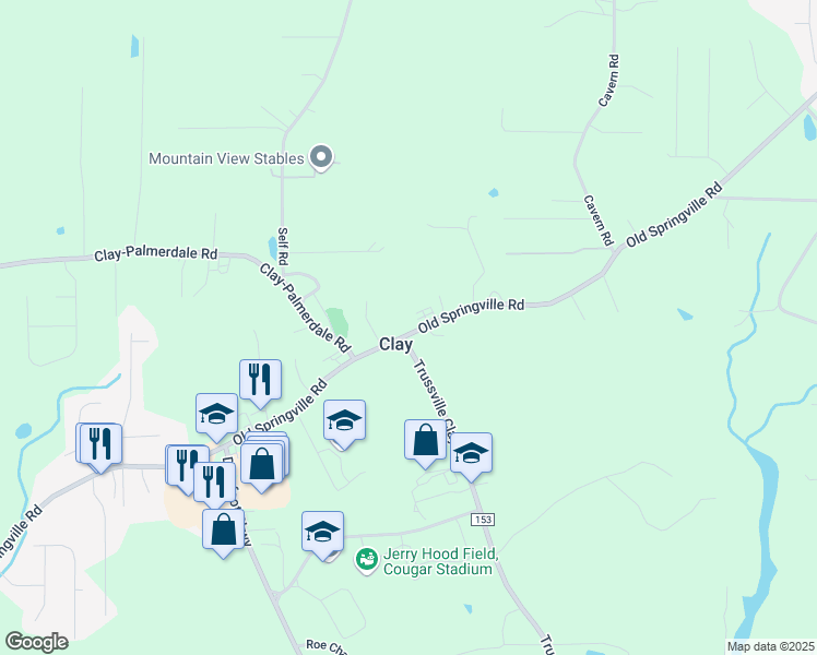map of restaurants, bars, coffee shops, grocery stores, and more near 6824 Old Springville Road in Trussville