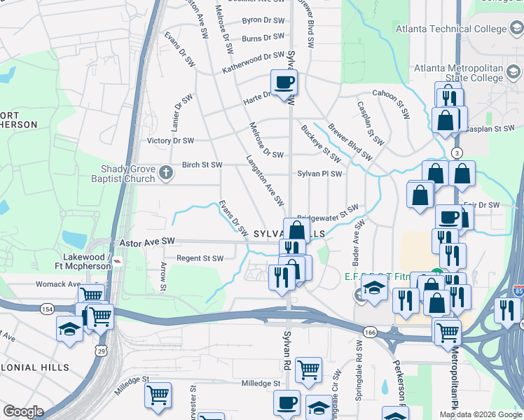 map of restaurants, bars, coffee shops, grocery stores, and more near 1886 Sylvan Ridge Drive Southwest in Atlanta