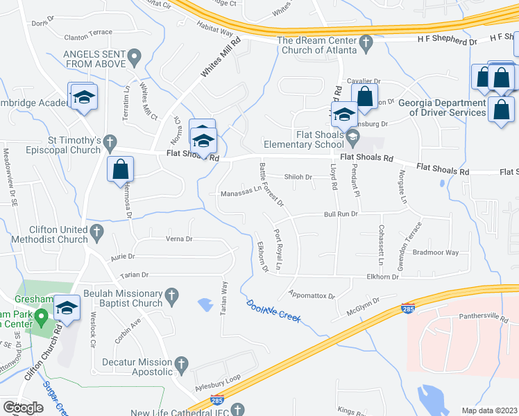 map of restaurants, bars, coffee shops, grocery stores, and more near 2852 Port Royal Lane in Decatur